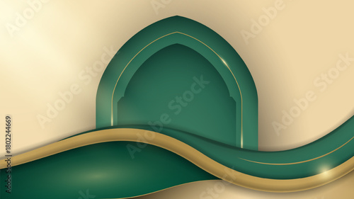 Green and gold Islamic background with mosque arch and waving shapes in abstract style