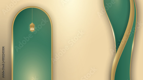 Islamic background with lantern and mosque arch in abstract style. Luxury green gold background