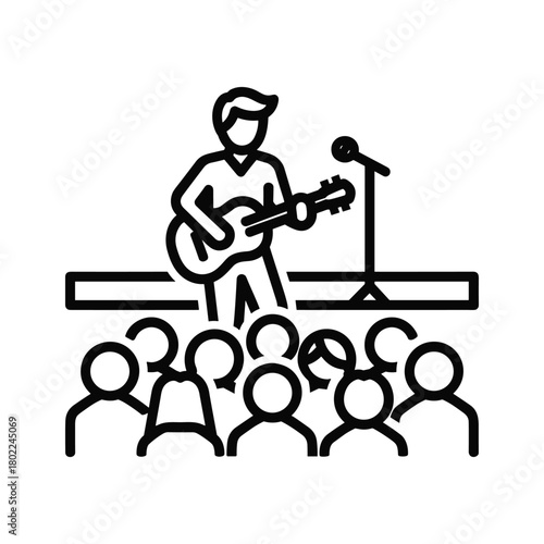 Line art icon of a solo musician playing acoustic guitar on stage, performing for an audience, live concert.