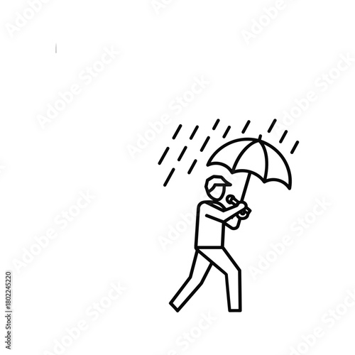 Person walking in rain holding an open umbrella, providing protection from a downpour, simple outline vector illustration icon
