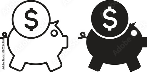 Piggy Bank and Dollar Coin Icon Set: Saving Money Symbol