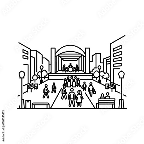Outdoor music concert illustration with live band performing on stage in a vibrant city park, people watching