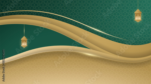 Luxury Islamic background in green and gold with gold lantern design