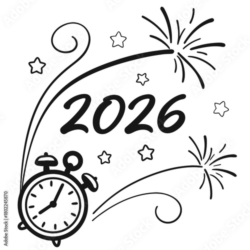 Celebrating 2026 a vector illustration isolated on, featuring a clock, fireworks, and stars, symbolizing the joy and anticipation of the coming year