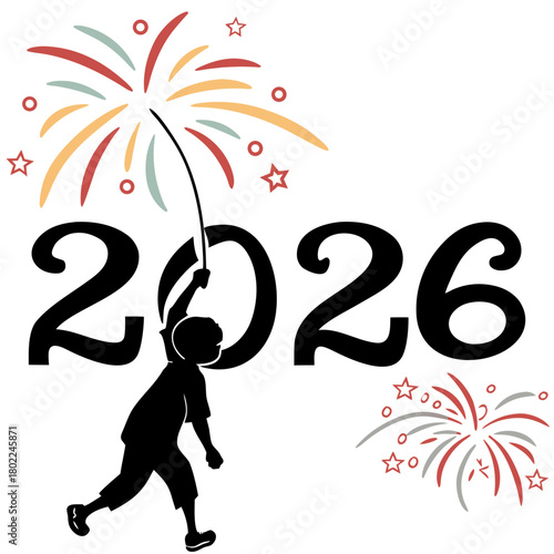 A festive illustration of a child holding a firework next to the year 2026, isolated on, representing celebration, new year, and the class of 2026