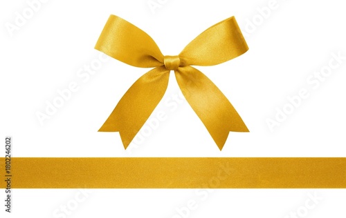 Golden ribbon with a shiny decorative bow on a white background.