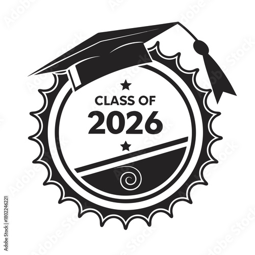Class of 2026 badge isolated on featuring a graduation cap, perfect for celebrating academic achievements and future success in a stylish design
