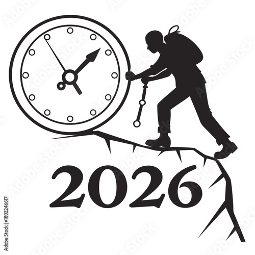 A silhouette illustration depicts a hiker with a backpack and trekking poles reaching the year 2026, symbolized by a clock, atop a jagged mountain peak isolated on