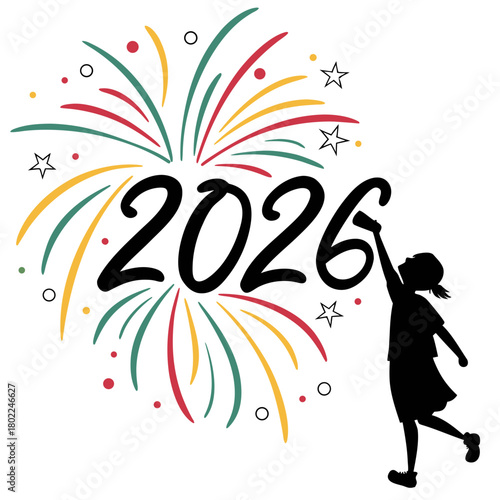 A silhouette illustration features a child painting fireworks with the year 2026, representing creativity, imagination, and future aspirations isolated on
