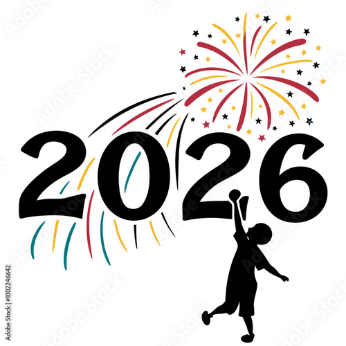 A joyful silhouette of a child reaching for the year 2026, surrounded by vibrant fireworks, isolated on a celebration of the future and new beginnings