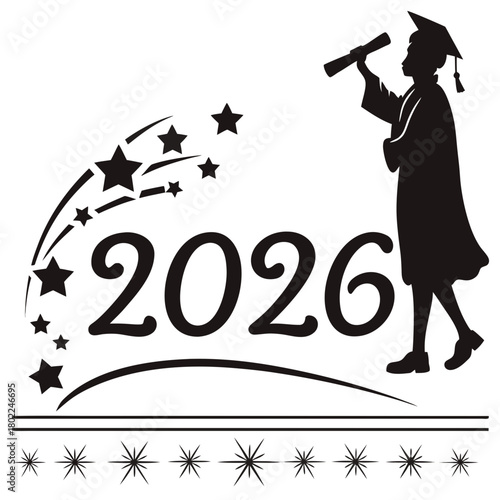 A graduate silhouette stands proudly beside the year 2026, holding a diploma amidst a trail of stars, isolated on a symbol of academic achievement and bright prospects
