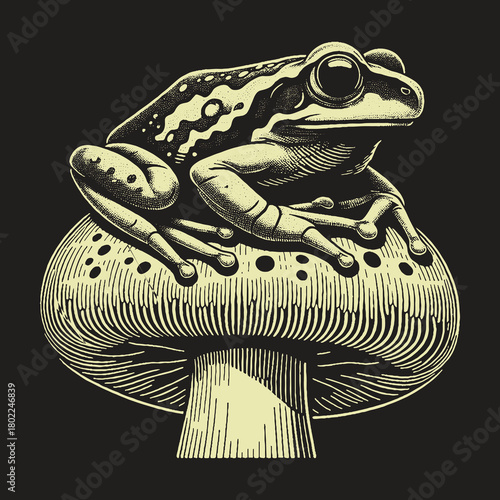 Frog on Mushroom: A Detailed Engraving.