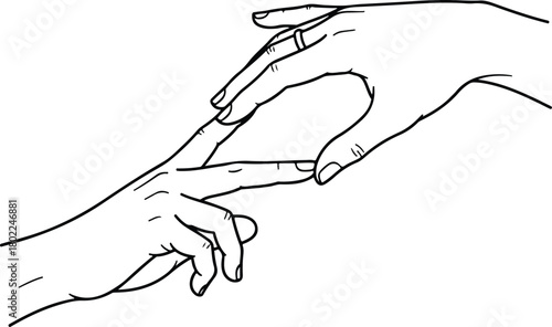 Two hands in black and white sketch style with index fingers touching each other, symbolizing connection or beginnings.