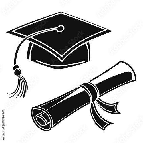 An illustration of a graduation cap and diploma, representing academic achievement, success, and the culmination of hard work isolated on