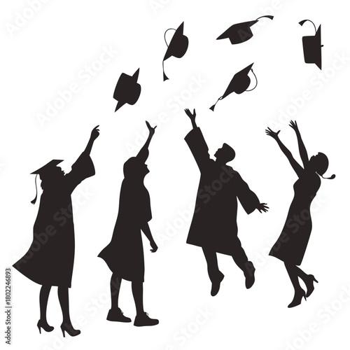 Silhouette of graduating students throwing their caps in the air, celebrating their academic achievement and the culmination of their hard work isolated on