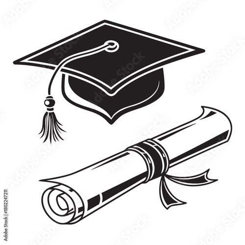Illustration of a graduation cap and diploma isolated on, symbolizing academic achievement, educational milestones, and the culmination of hard work