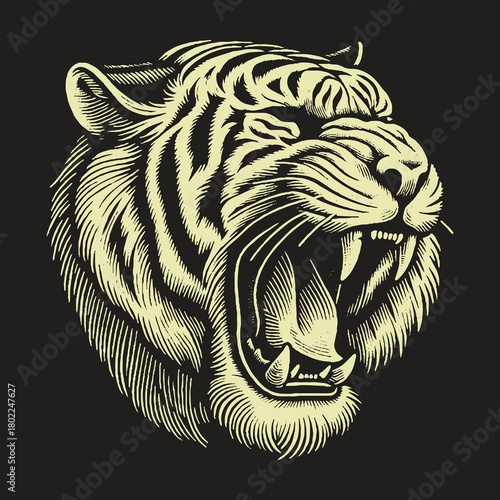 Tiger Head Roaring Aggressively in Detailed Engraving.