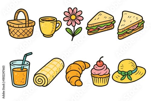 Picnic, food outline icon set. Basket, sandwich, beverage, spring linear icons collection