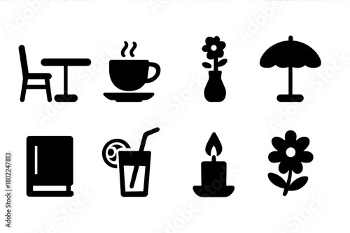 Cafe essentials silhouette icon set. Coffee, dining, flower, book icons silhouette pack