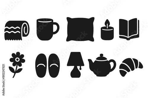 Home comfort silhouette icon set. Cozy, relaxation elements in silhouette style.