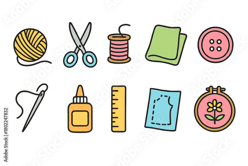 Sewing and knitting flat icon set. Craft, needlework, handmade tools collection
