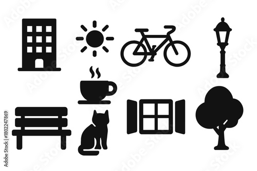 Urban lifestyle silhouette icon set. City life, recreation, and activity symbols.