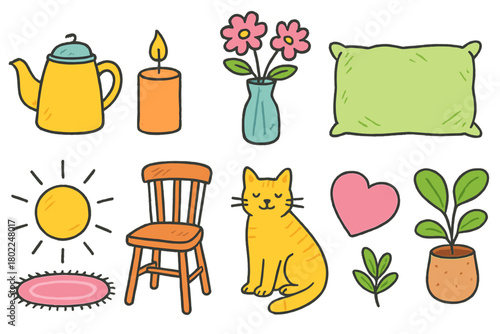 Cozy home filled icon set. Comfort, relaxation, home decor, cozy icon collection