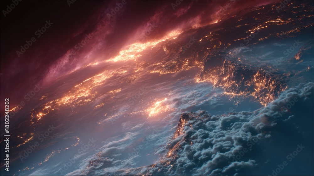Fototapeta premium Artistic depiction of Earth from space with city lights and cloud formations at dusk