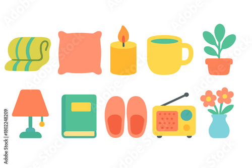 Home comfort icon set. Cozy 3d icons for relaxation and leisure activities.