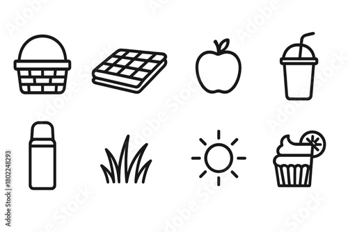 Picnic-themed line icon set. Outdoor, food, drink, dessert line icons collection