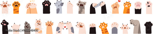 Set of cute cats' paws. Doodle kittens' hands with pads and claws gesturing: greeting, pointing, showing signs of heart, peace, thumb up. Flat isolated hand drawn vector illustrations on white