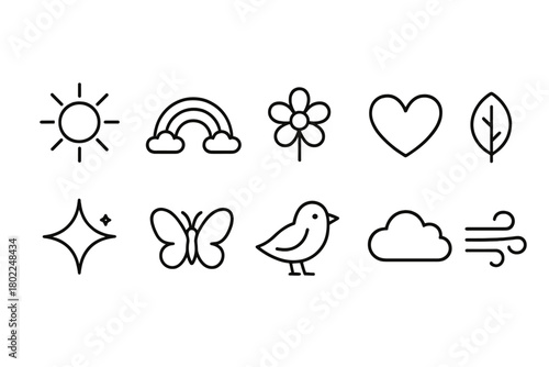 Nature and weather outline icon set. Minimalistic flora and fauna icons collection.