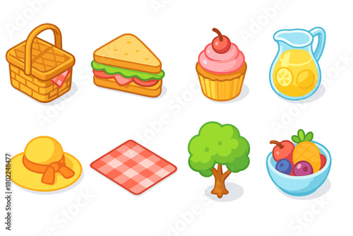 Picnic flat icon set. Basket, snack, cupcake, drinks, and more flat curated icons