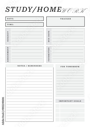Study and Homework Planner Page, Student Assignment Organizer Template