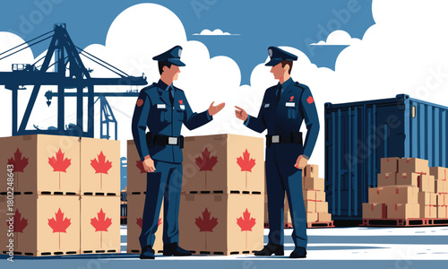Canada trade war tariffs war customs officers inspecting shipping containers and export cargo boxes with Canadian flags at port city background website banner.
