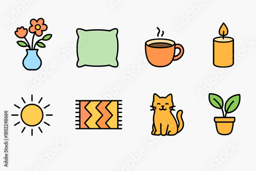 Home comforts icon set. Cozy, linear icons collection for relaxation and decor