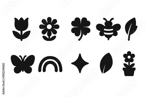 Nature, springtime solid icon set. Flowers, leaves, insects silhouette collection