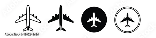 Airplane Icon Set, Black Plane Silhouette Symbol, Isolated Transportation Sign Design