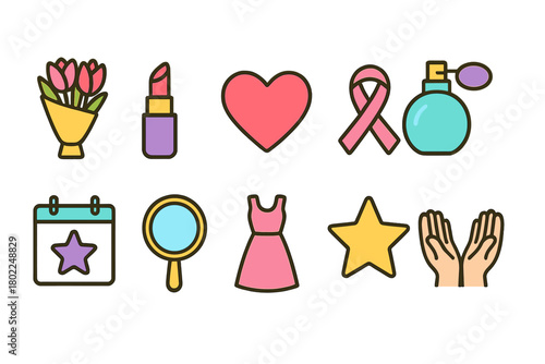 Women's day flat icon set. Celebration, femininity symbols, line art collection.
