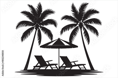 A tropical beach scene with palm trees chairs and an umbrella