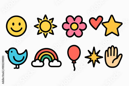 Colorful, cheerful flat icon set. Happiness, positivity, cartoon vector flat symbols.