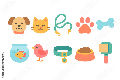Pet care icon set. Animals, pet supplies flat icons for veterinary, grooming, food