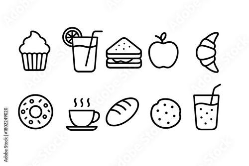Food and drink icon set. Linear style collection of snacks and beverages icons