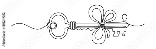 Antique Skeleton Key Line Art Continuous Contour Drawing on Transparent Background
