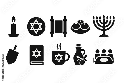 Hanukkah solid icon set. Jewish holiday symbols, menorah, dreidel, candle, food icons.