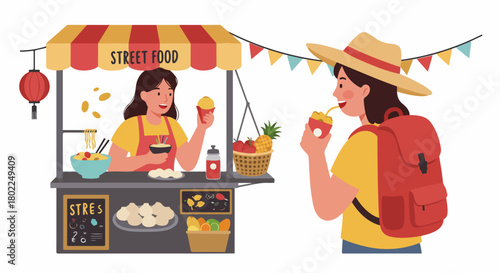 Two women enjoying street food and snacks at a bustling market stall, depicted in a flat design vector illustration.
