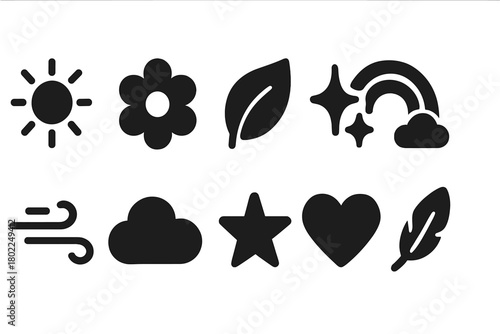 Nature silhouette icon set. Weather, flora, and fauna icons in silhouette style.