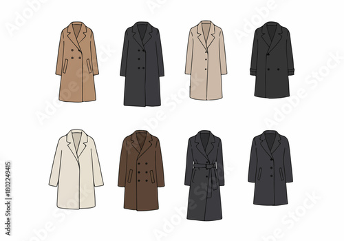 Vector collection of essential winter coats and overcoats in neutral colors: camel, beige, brown, and black, featuring various styles.