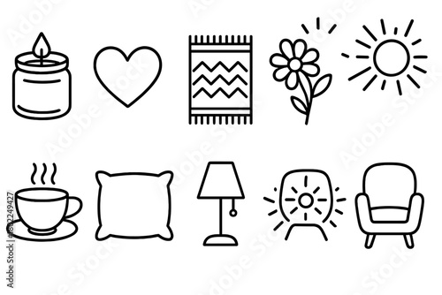 Home decor outline icon set. Candle, flower, and furniture outline icons collection.