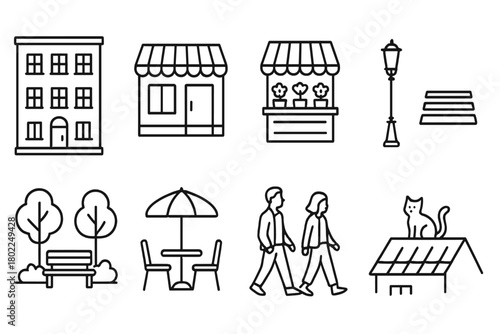 Cityscape linear icon set. Urban elements, street life line icons collection.